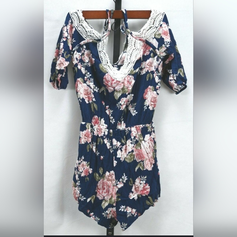Floral Romper Boho Style With with Lace Trim, Peekaboo Sleeves,cut Out Sleeve